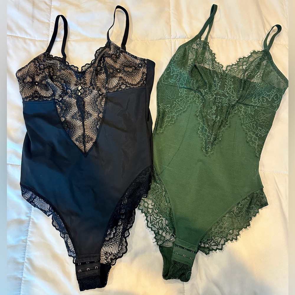 Pinsy Sculpting Shapewear Bodysuit Bundle — Black & Green Lace, Size Large